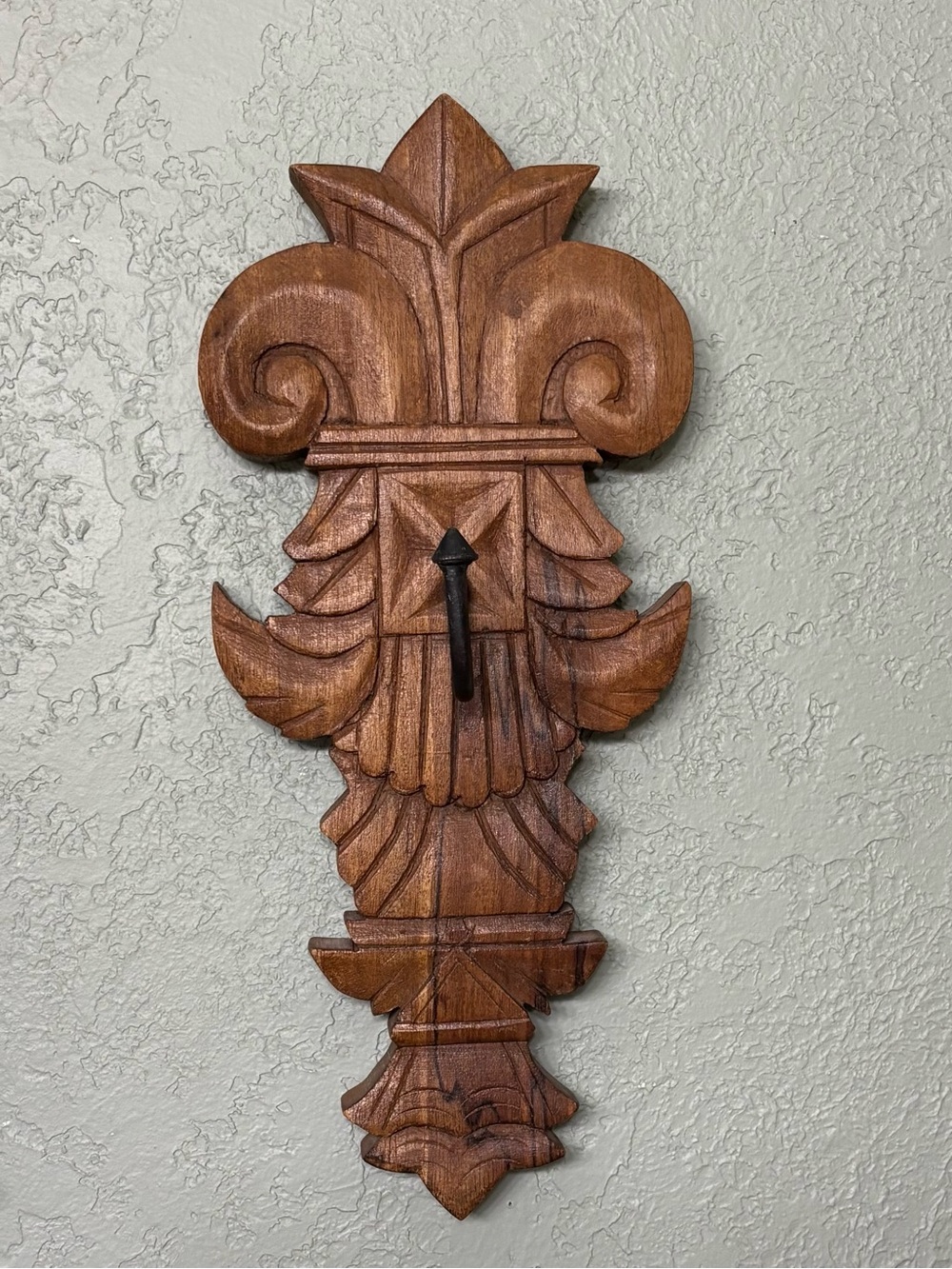 Large Rustic Solid Hand Carved Wood Wall Coat Keys Entryway Hook VTG 14.75”X6.5”